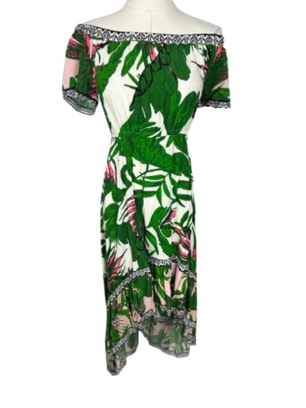 Flying Tomato Off-Shoulder White Dress w/ Green Leaf & Pink Floral Print Size S